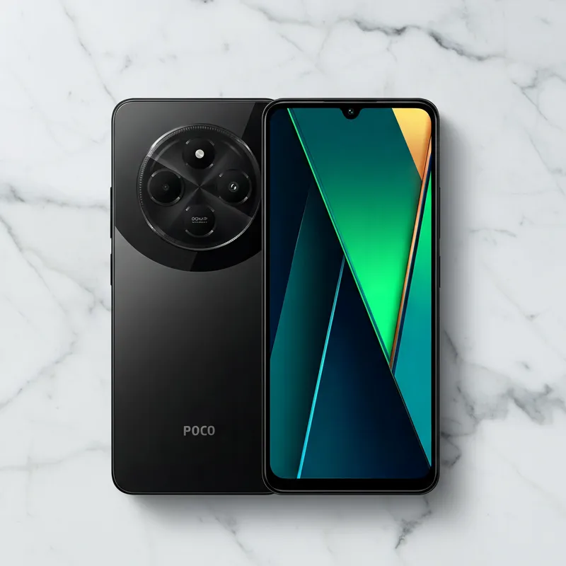 Xiaomi Poco C75 negro vista frontal y trasera con cámara triple - Tecno Bend