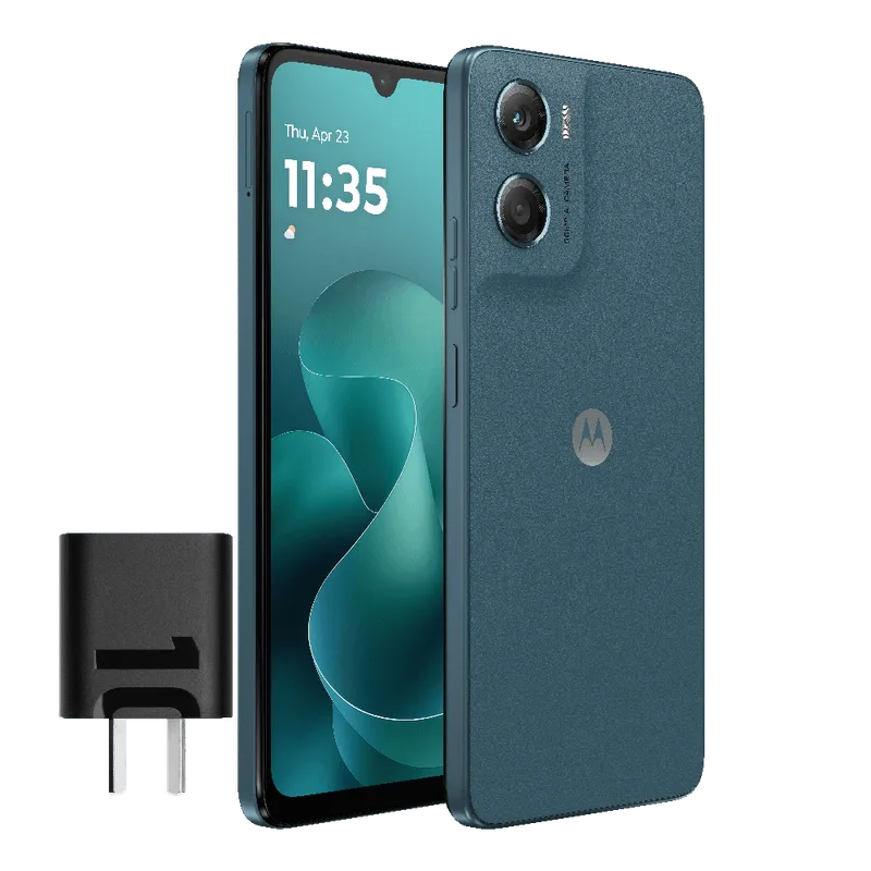 Motorola G06 128GB azul - Frente y trasera mostrando cargador de alta velocidad